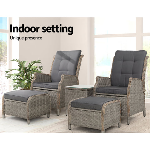 Gardeon 5PC Recliner Chairs Table Sun lounge Wicker Outdoor Furniture Adjustable Grey Chez Guru