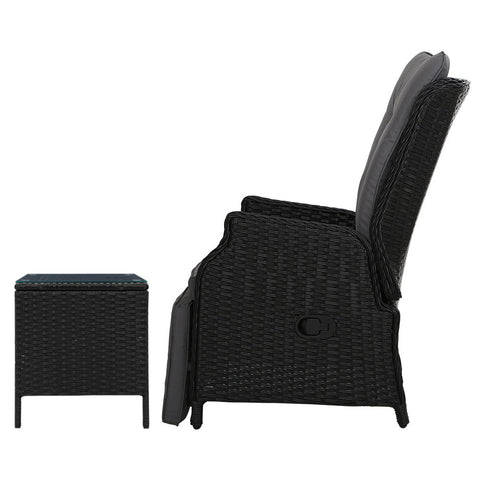Gardeon 3PC Recliner Chairs Table Sun lounge Outdoor Furniture Wicker Adjustable Black Chez Guru