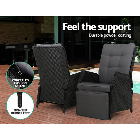Gardeon 3PC Recliner Chairs Table Sun lounge Outdoor Furniture Wicker Adjustable Black Chez Guru