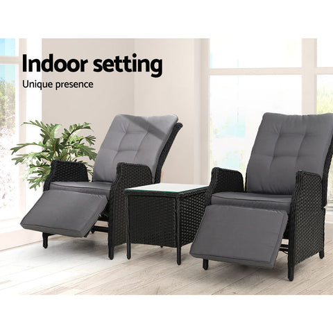 Gardeon 3PC Recliner Chairs Table Sun lounge Outdoor Furniture Wicker Adjustable Black Chez Guru