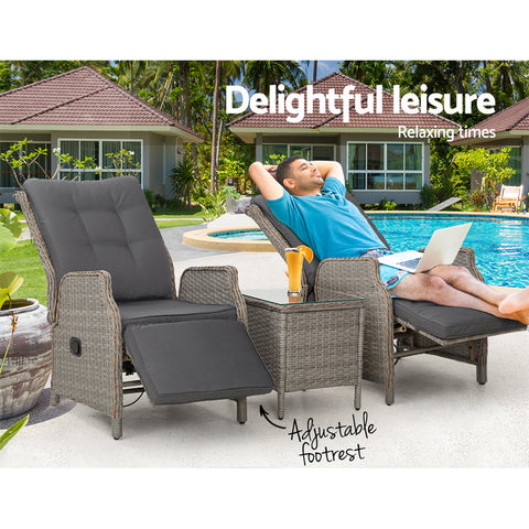 Gardeon 3PC Recliner Chairs Table Sun lounge Outdoor Furniture Wicker Adjustable Grey Chez Guru