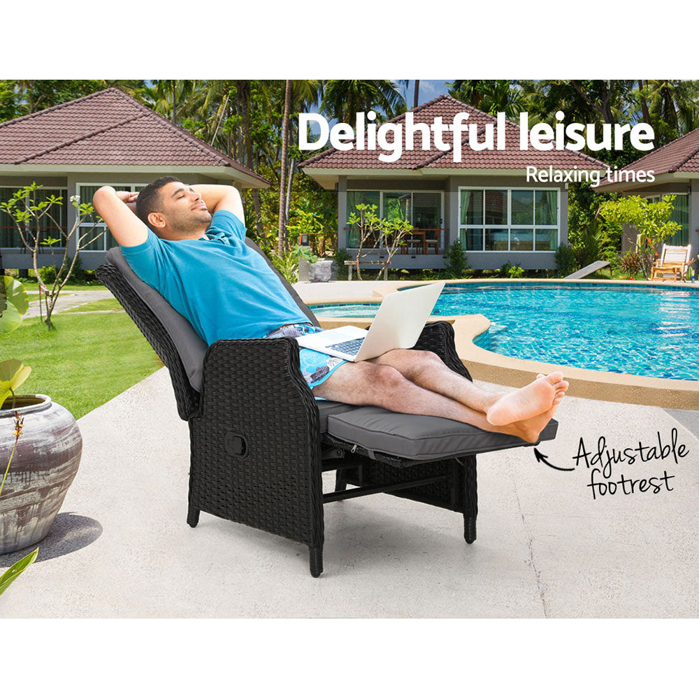 Gardeon Recliner Chairs Sun lounge Wicker Lounger Outdoor Furniture Patio Adjustable Black Chez Guru