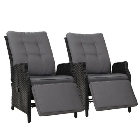 Gardeon 2PC Recliner Chairs Sun lounge Wicker Lounger Outdoor Furniture Adjustable Black Chez Guru