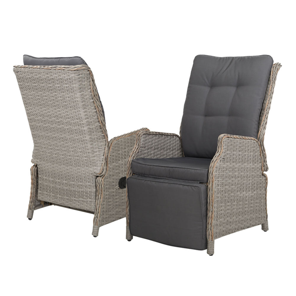 Gardeon 2PC Recliner Chairs Sun lounge Wicker Lounger Outdoor Furniture Adjustable Grey Chez Guru