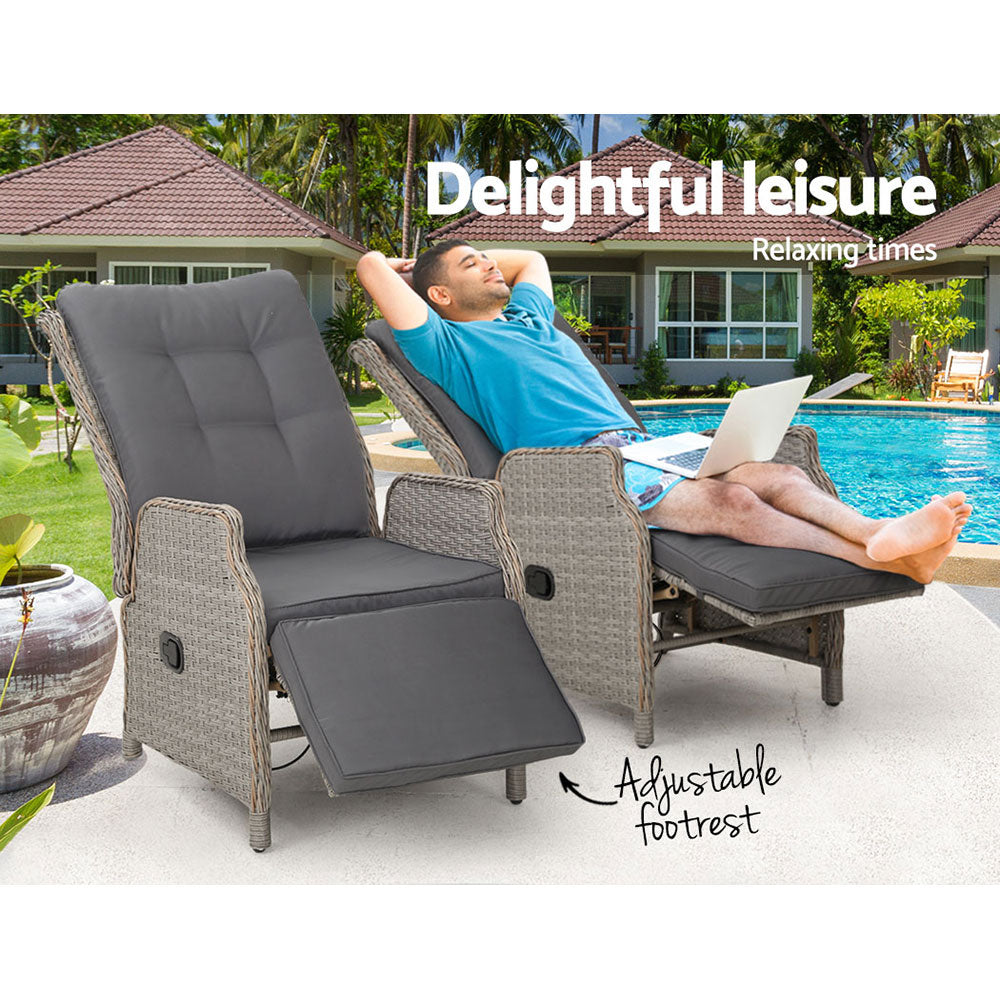 Gardeon 2PC Recliner Chairs Sun lounge Wicker Lounger Outdoor Furniture Adjustable Grey Chez Guru