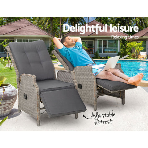 Gardeon 2PC Recliner Chairs Sun lounge Wicker Lounger Outdoor Furniture Adjustable Grey Chez Guru