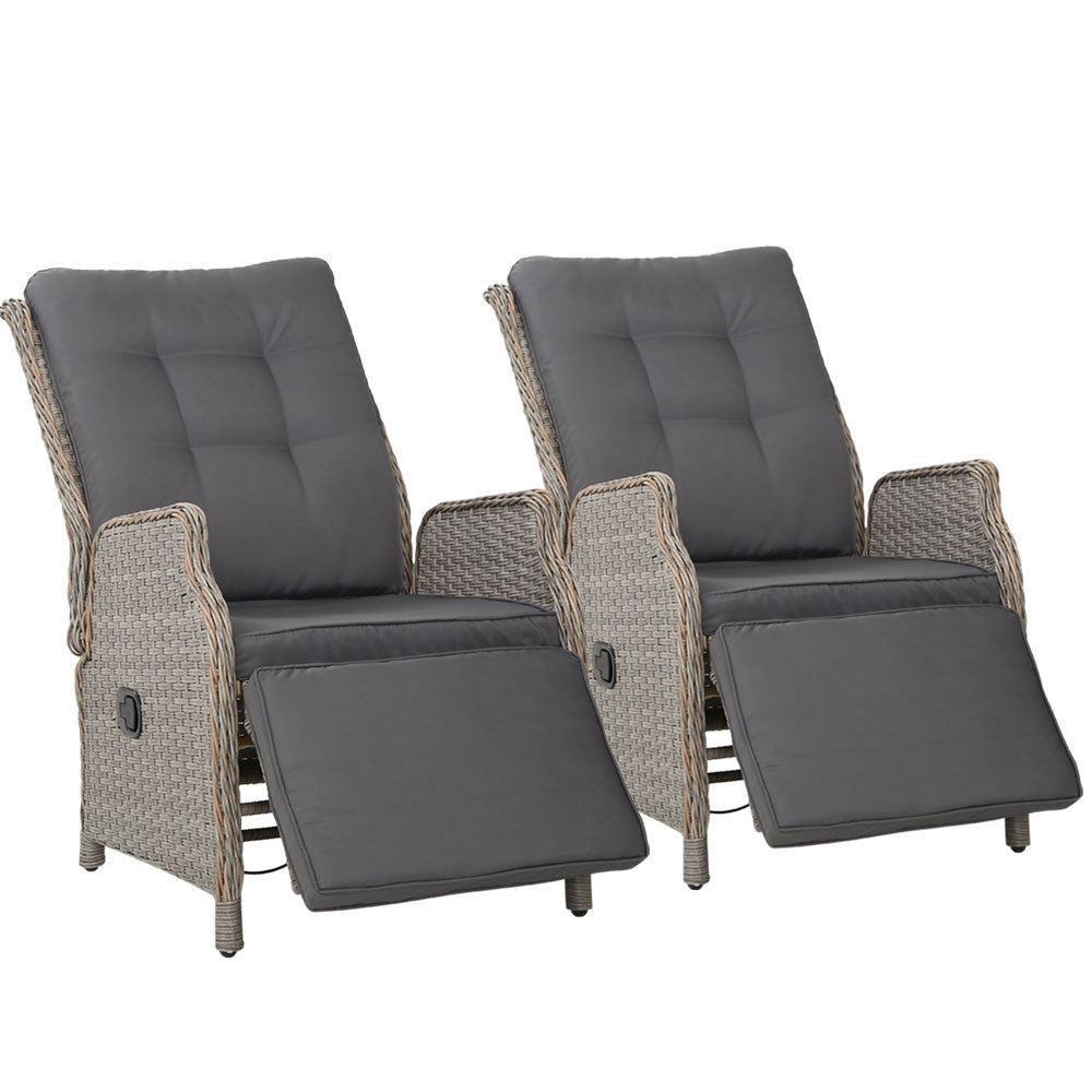 Gardeon 2PC Recliner Chairs Sun lounge Wicker Lounger Outdoor Furniture Adjustable Grey Chez Guru