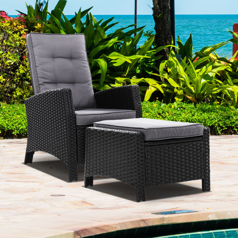 Gardeon Recliner Chair Sun lounge Wicker Lounger Outdoor Patio Furniture Adjustable Black Chez Guru