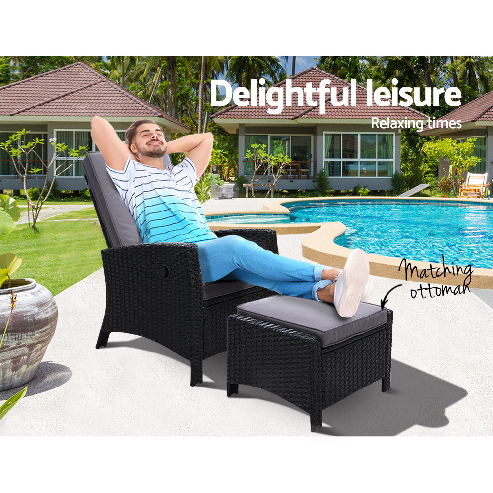 Gardeon Recliner Chair Sun lounge Wicker Lounger Outdoor Patio Furniture Adjustable Black Chez Guru