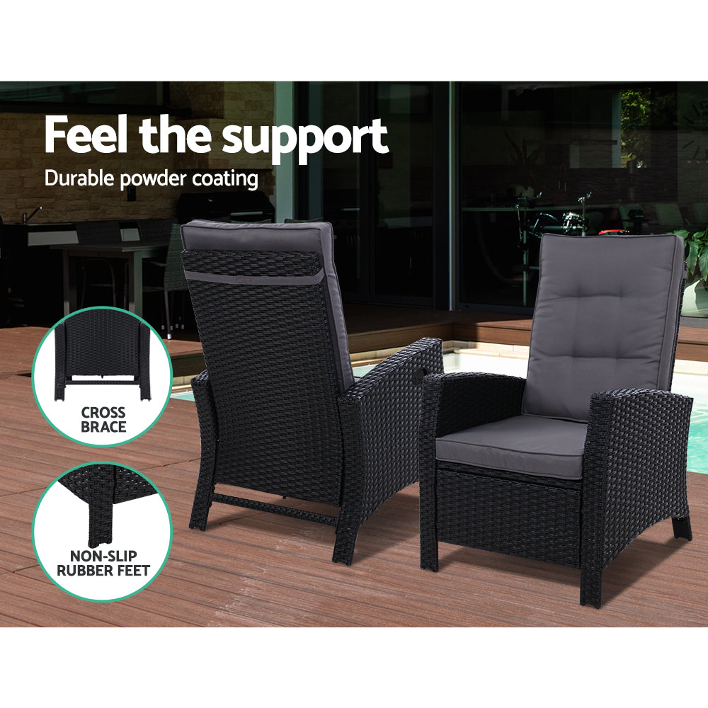 Gardeon Recliner Chair Sun lounge Wicker Lounger Outdoor Patio Furniture Adjustable Black Chez Guru