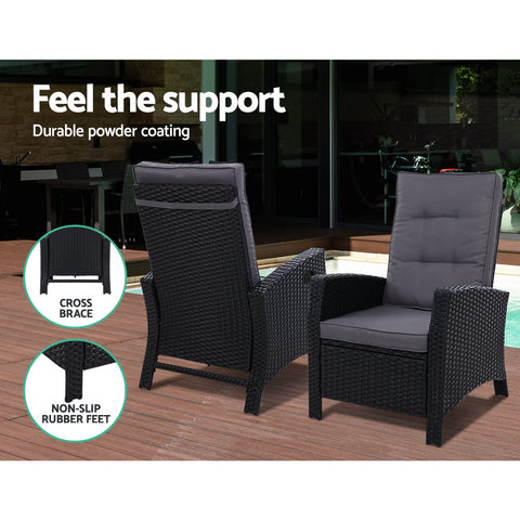 Gardeon Recliner Chair Sun lounge Wicker Lounger Outdoor Patio Furniture Adjustable Black Chez Guru
