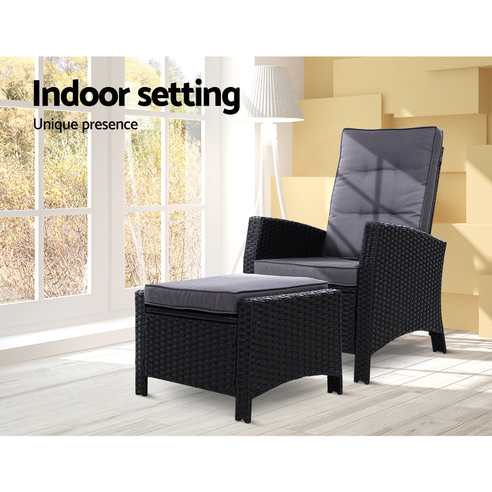Gardeon Recliner Chair Sun lounge Wicker Lounger Outdoor Patio Furniture Adjustable Black Chez Guru
