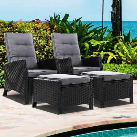 Gardeon 2PC Recliner Chairs Sun lounge Wicker Lounger Outdoor Furniture Adjustable Black Chez Guru