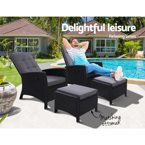 Gardeon 2PC Recliner Chairs Sun lounge Wicker Lounger Outdoor Furniture Adjustable Black Chez Guru