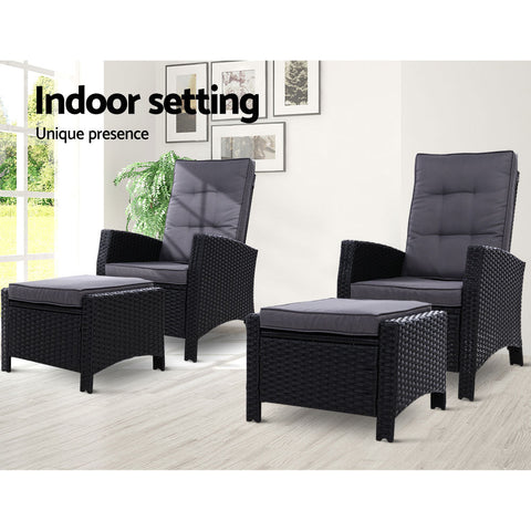 Gardeon 2PC Recliner Chairs Sun lounge Wicker Lounger Outdoor Furniture Adjustable Black Chez Guru