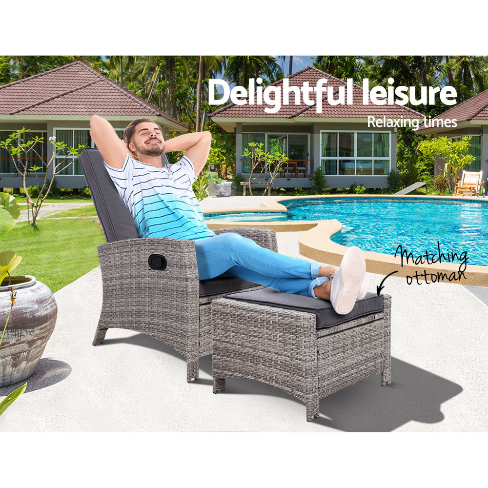 Gardeon Recliner Chair Sun lounge Wicker Lounger Outdoor Patio Furniture Adjustable Grey Chez Guru