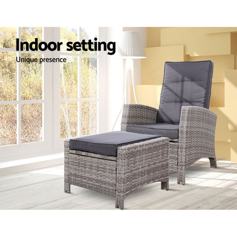 Gardeon Recliner Chair Sun lounge Wicker Lounger Outdoor Patio Furniture Adjustable Grey Chez Guru