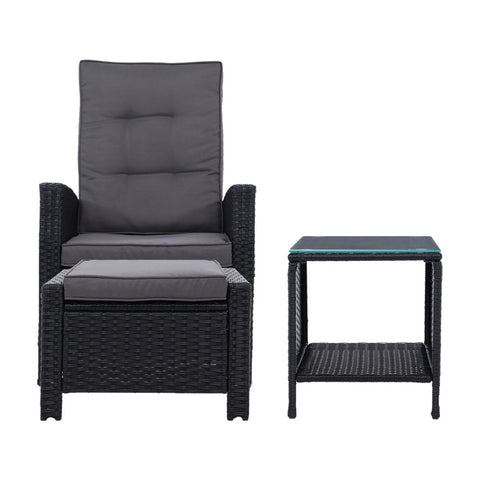 Gardeon 3PC Recliner Chairs Table Sun lounge Wicker Outdoor Furniture Adjustable Black Chez Guru