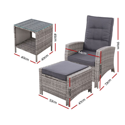 Gardeon 3PC Recliner Chairs Table Sun lounge Wicker Outdoor Furniture Adjustable Grey Chez Guru