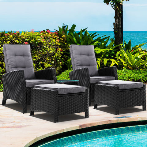Gardeon 5PC Recliner Chairs Table Sun lounge Wicker Outdoor Furniture Adjustable Black Chez Guru