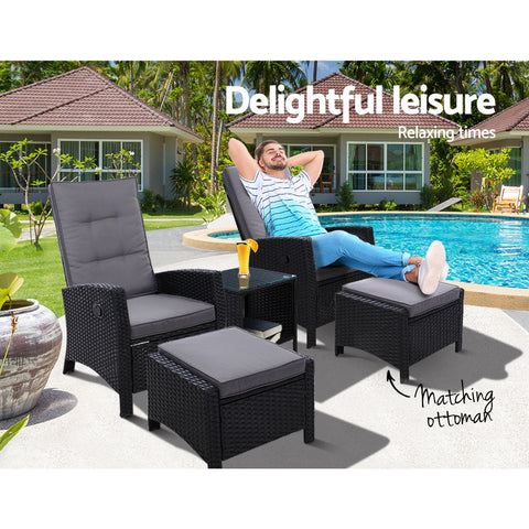 Gardeon 5PC Recliner Chairs Table Sun lounge Wicker Outdoor Furniture Adjustable Black Chez Guru