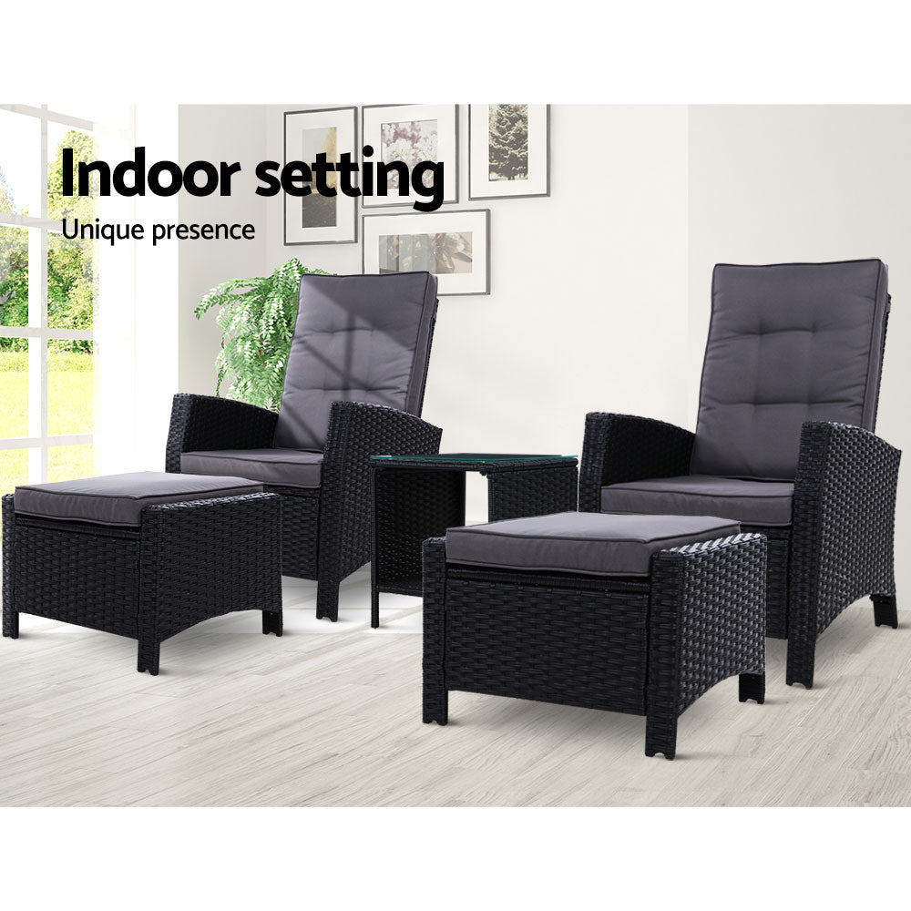 Gardeon 5PC Recliner Chairs Table Sun lounge Wicker Outdoor Furniture Adjustable Black Chez Guru