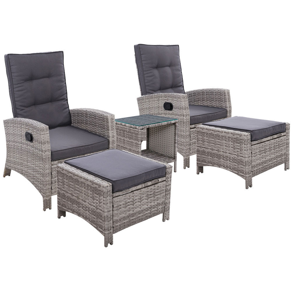 Gardeon 5PC Recliner Chairs Table Sun lounge Wicker Outdoor Furniture Adjustable Grey Chez Guru
