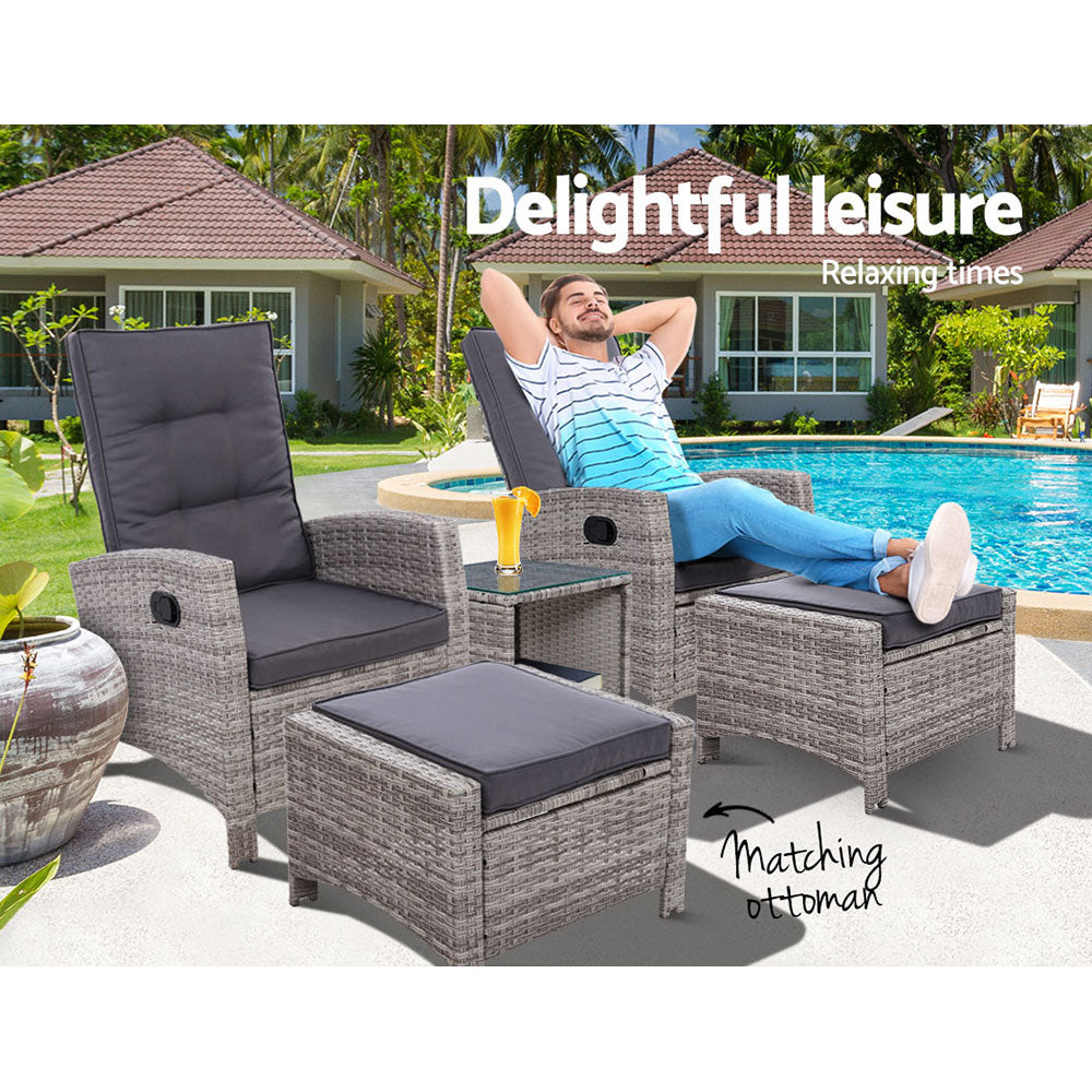 Gardeon 5PC Recliner Chairs Table Sun lounge Wicker Outdoor Furniture Adjustable Grey Chez Guru