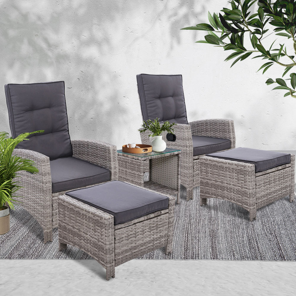 Gardeon 5PC Recliner Chairs Table Sun lounge Wicker Outdoor Furniture Adjustable Grey Chez Guru