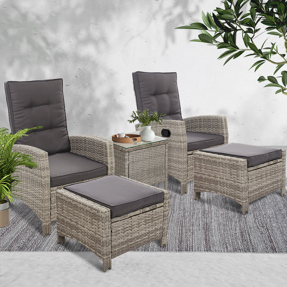 Gardeon 5PC Recliner Chairs Table Sun lounge Wicker Outdoor Furniture Adjustable Grey Chez Guru