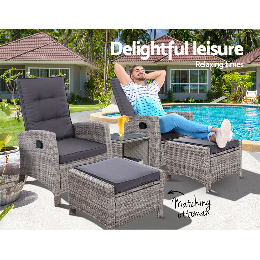Gardeon 5PC Recliner Chairs Table Sun lounge Wicker Outdoor Furniture Adjustable Grey Chez Guru