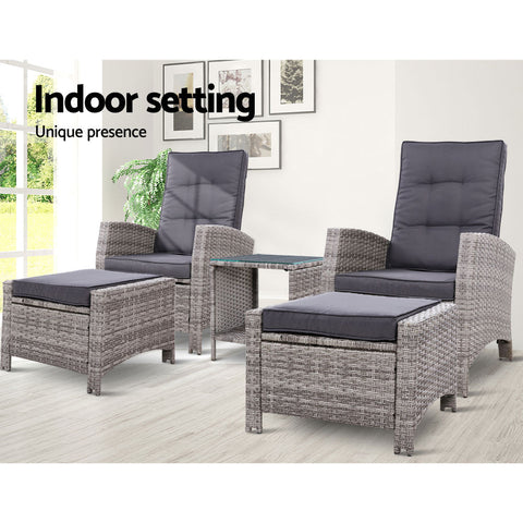 Gardeon 5PC Recliner Chairs Table Sun lounge Wicker Outdoor Furniture Adjustable Grey Chez Guru