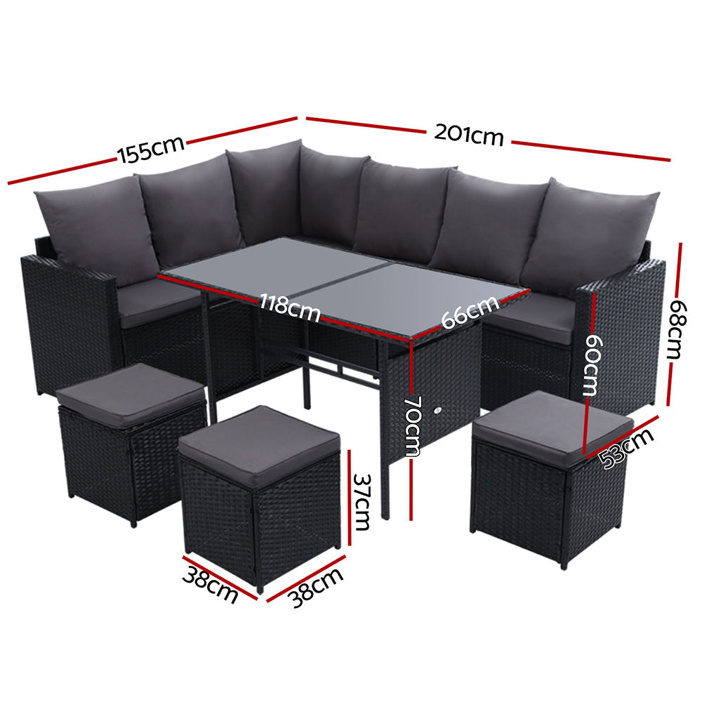 Gardeon Outdoor Furniture Dining Setting Sofa Set Lounge Wicker 9 Seater Black Chez Guru