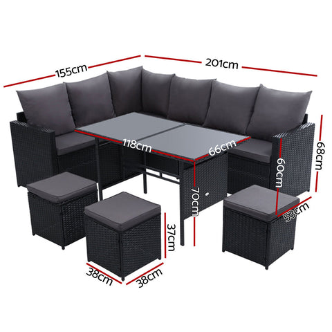 Gardeon Outdoor Furniture Dining Setting Sofa Set Lounge Wicker 9 Seater Black Chez Guru