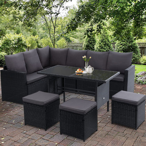 Gardeon Outdoor Furniture Dining Setting Sofa Set Lounge Wicker 9 Seater Black Chez Guru