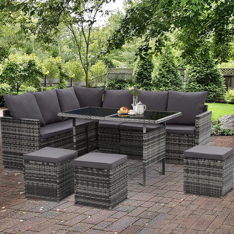 Gardeon Outdoor Dining Set Sofa Lounge Setting Chairs Table Ottoman Grey Cover - Chez Guru