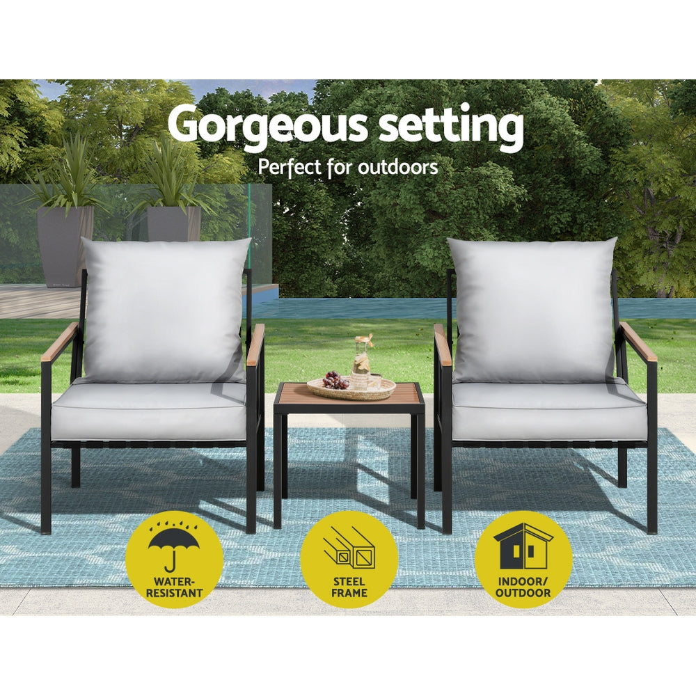 Gardeon 3PC Outdoor Furniture Bistro Set Lounge Setting Chairs Table Patio Black Chez Guru