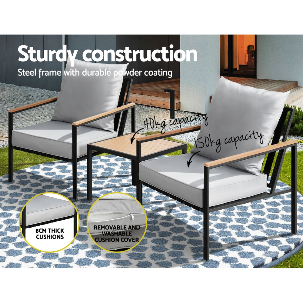 Gardeon 3PC Outdoor Furniture Bistro Set Lounge Setting Chairs Table Patio Black Chez Guru