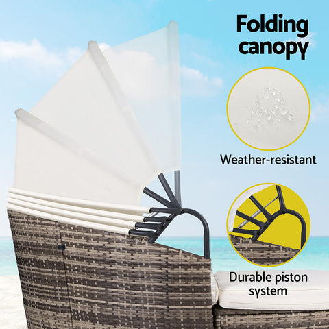 Gardeon Outdoor Day Bed Sun Lounge Setting – Wicker Lounger Furniture Patio, Beige (Set of 3)