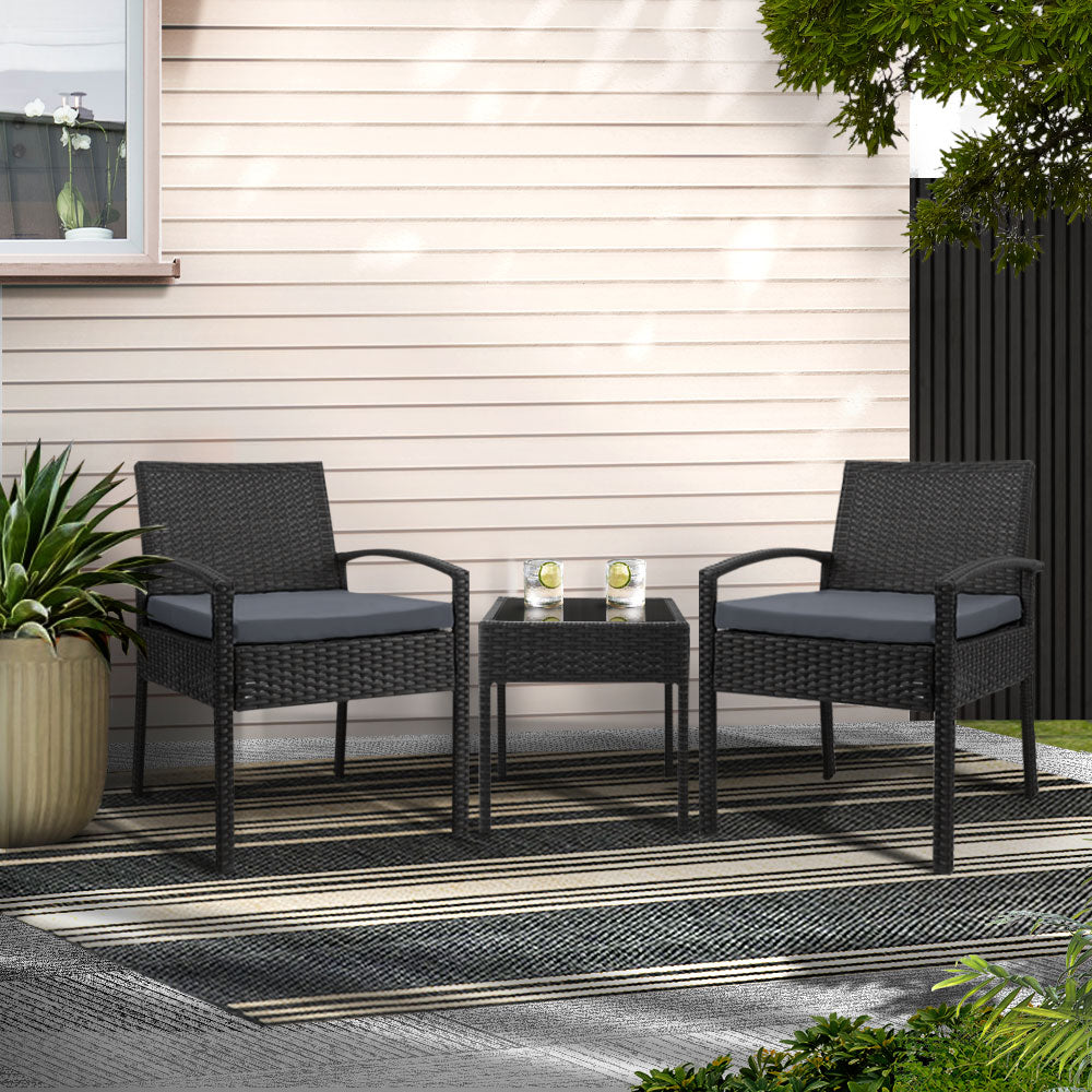 Gardeon 3PC Patio Furniture Bistro Set Wicker Outdoor Lounge Setting Black Chez Guru