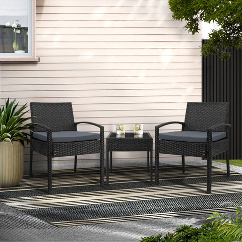 Gardeon 3PC Patio Furniture Bistro Set Wicker Outdoor Lounge Setting Black Chez Guru