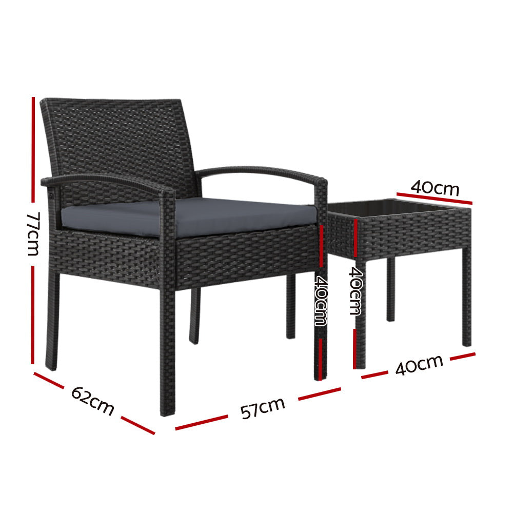 Gardeon 3PC Patio Furniture Bistro Set Wicker Outdoor Lounge Setting Black Chez Guru