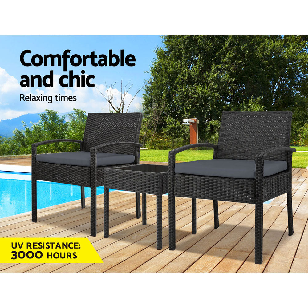 Gardeon 3PC Patio Furniture Bistro Set Wicker Outdoor Lounge Setting Black Chez Guru