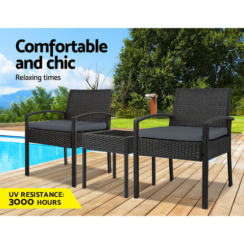 Gardeon 3PC Patio Furniture Bistro Set Wicker Outdoor Lounge Setting Black Chez Guru