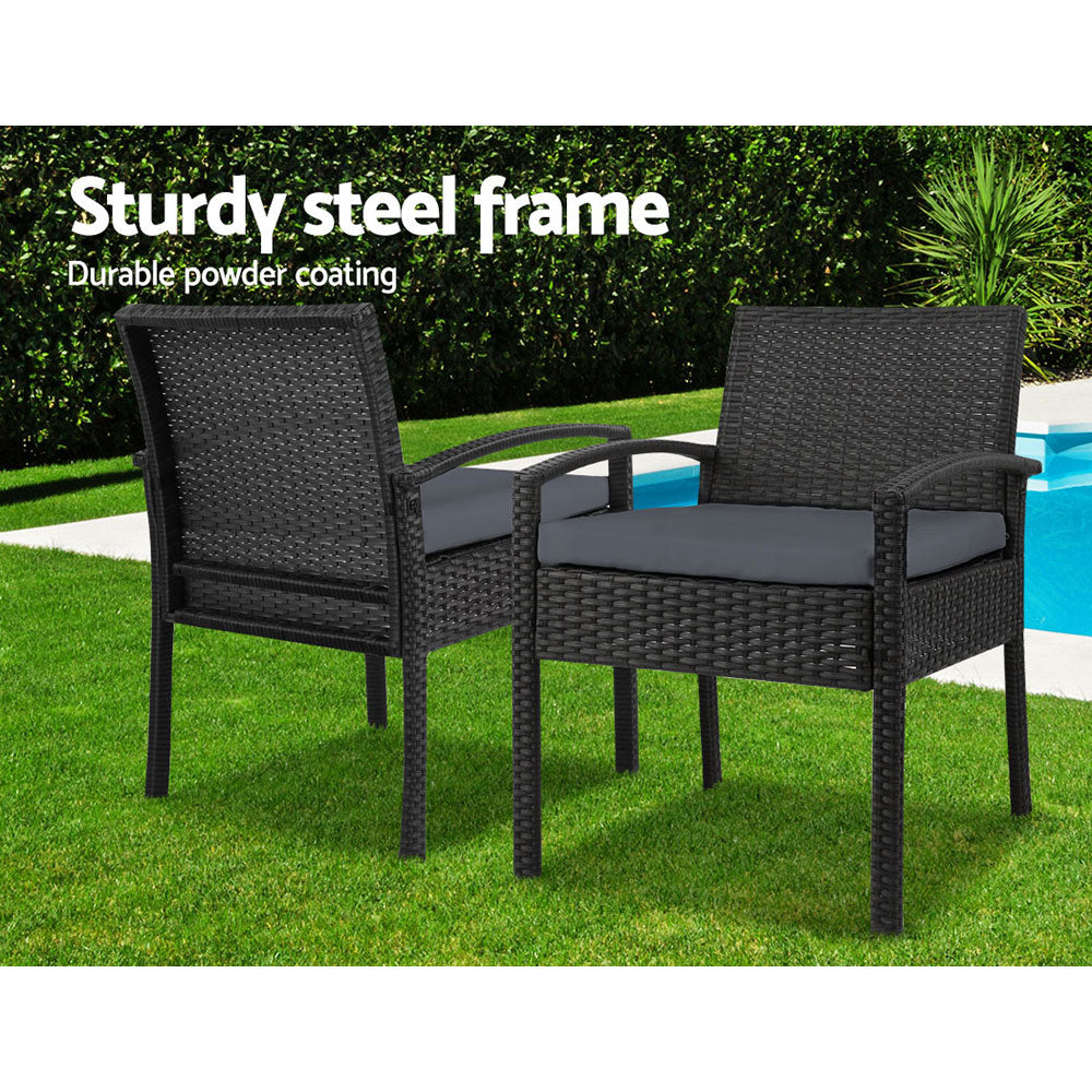 Gardeon 3PC Patio Furniture Bistro Set Wicker Outdoor Lounge Setting Black Chez Guru