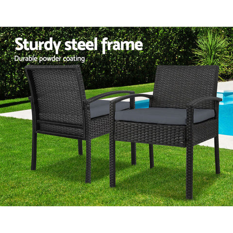 Gardeon 3PC Patio Furniture Bistro Set Wicker Outdoor Lounge Setting Black Chez Guru