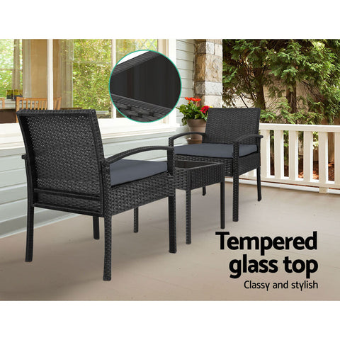 Gardeon 3PC Patio Furniture Bistro Set Wicker Outdoor Lounge Setting Black Chez Guru