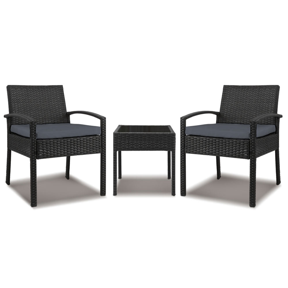 Gardeon 3PC Patio Furniture Bistro Set Wicker Outdoor Lounge Setting Black Chez Guru