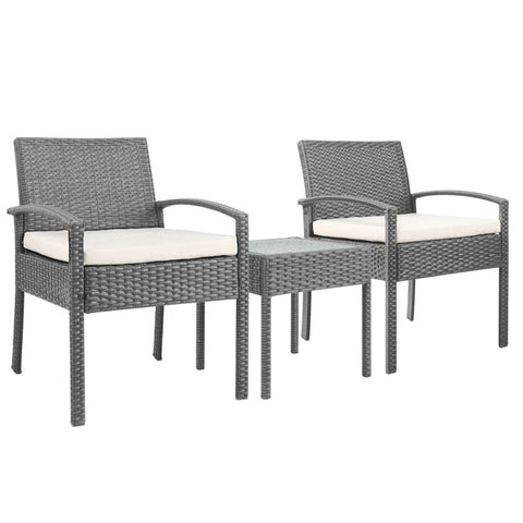 Gardeon 3PC Patio Furniture Bistro Set Wicker Outdoor Lounge Setting Grey Chez Guru