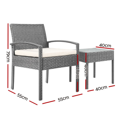 Gardeon 3PC Patio Furniture Bistro Set Wicker Outdoor Lounge Setting Grey Chez Guru